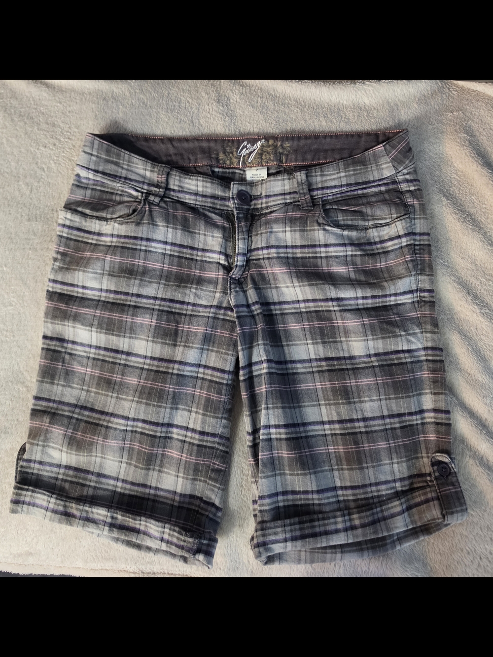Garage Women's Plaid Bermuda Shorts - Gray with Purple and Pink Stripes- Size 7